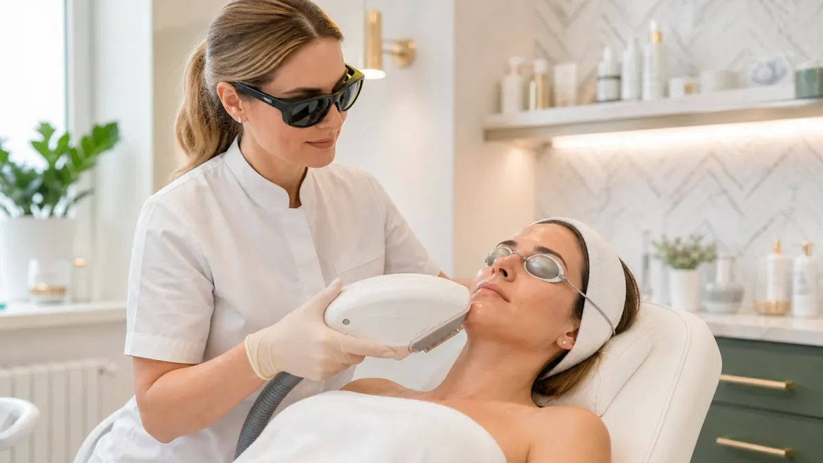 Professional performing a carefully controlled IPL facial treatment with eye protection