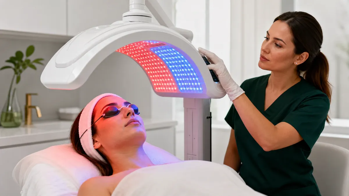 Woman using a professional red and blue LED facial device with appropriate eye protection