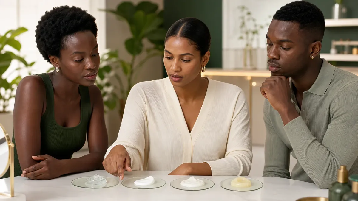 Adults with varied melanin-rich skin tones comparing gel, lotion, cream and ointment textures
