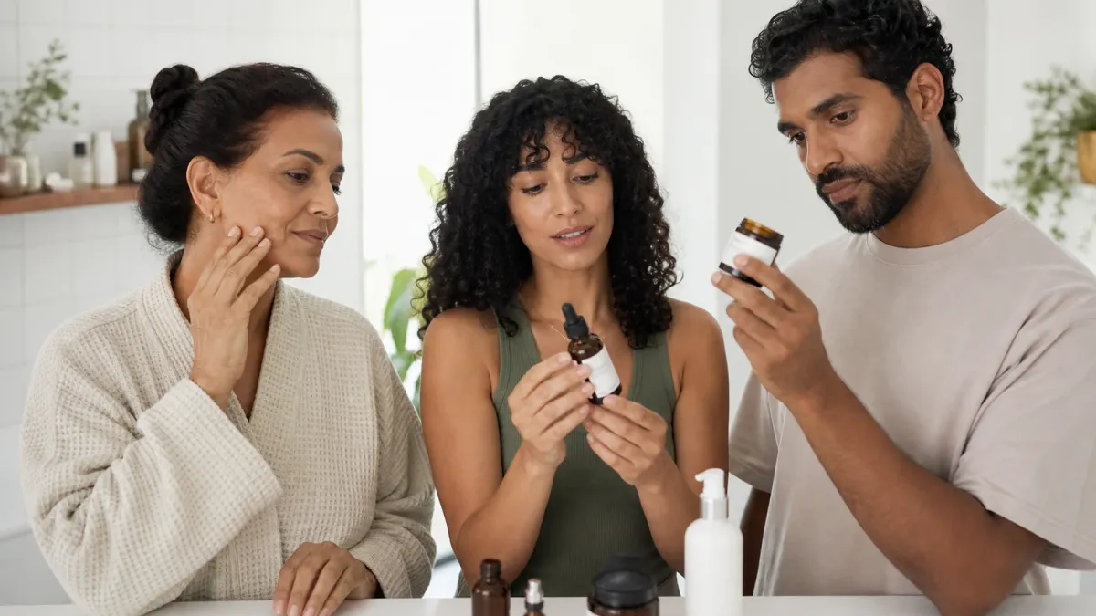 Middle Eastern adults with varied skin tones comparing simple skincare products