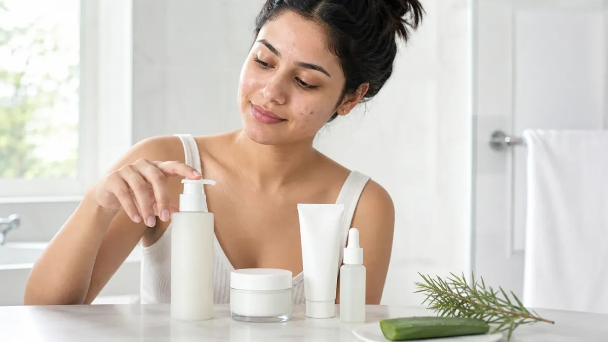 Simple acne routine with gentle cleanser, moisturizer and one treatment beside restrained botanical ingredients
