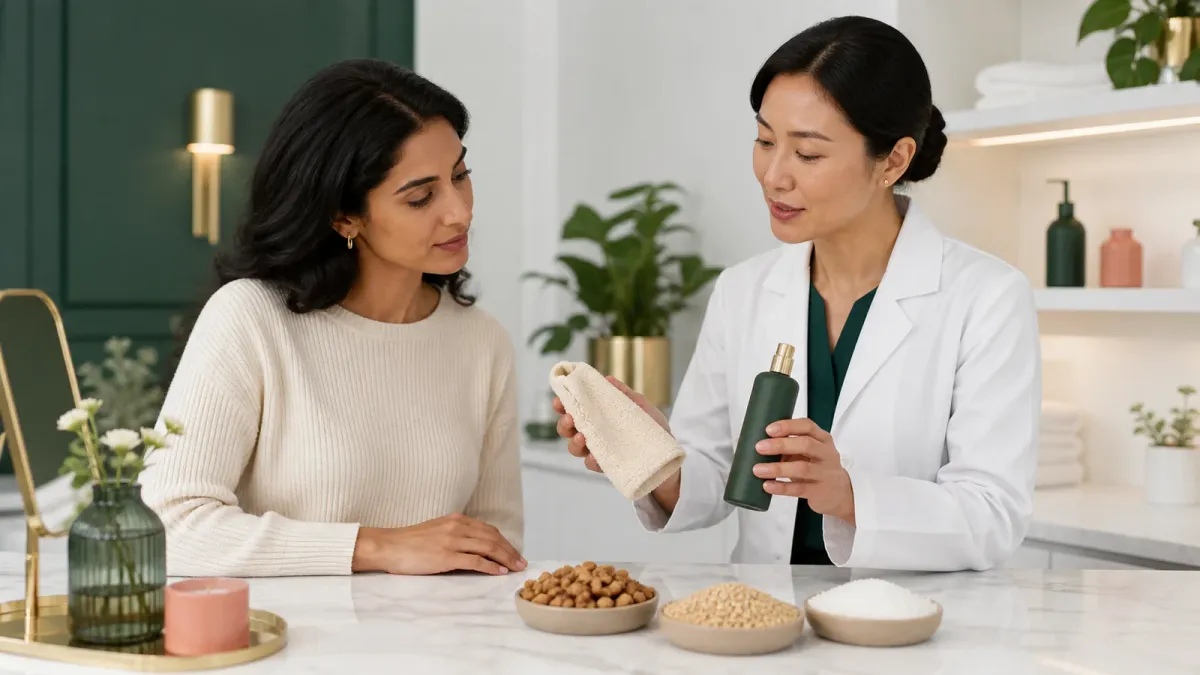Dermatologist comparing a soft cloth and formulated exfoliant with rough pantry scrub particles