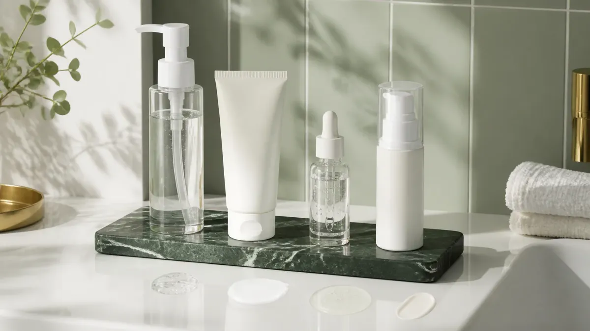 Unbranded cleanser, treatment dropper, moisturizer and sunscreen arranged on a green tray in routine order