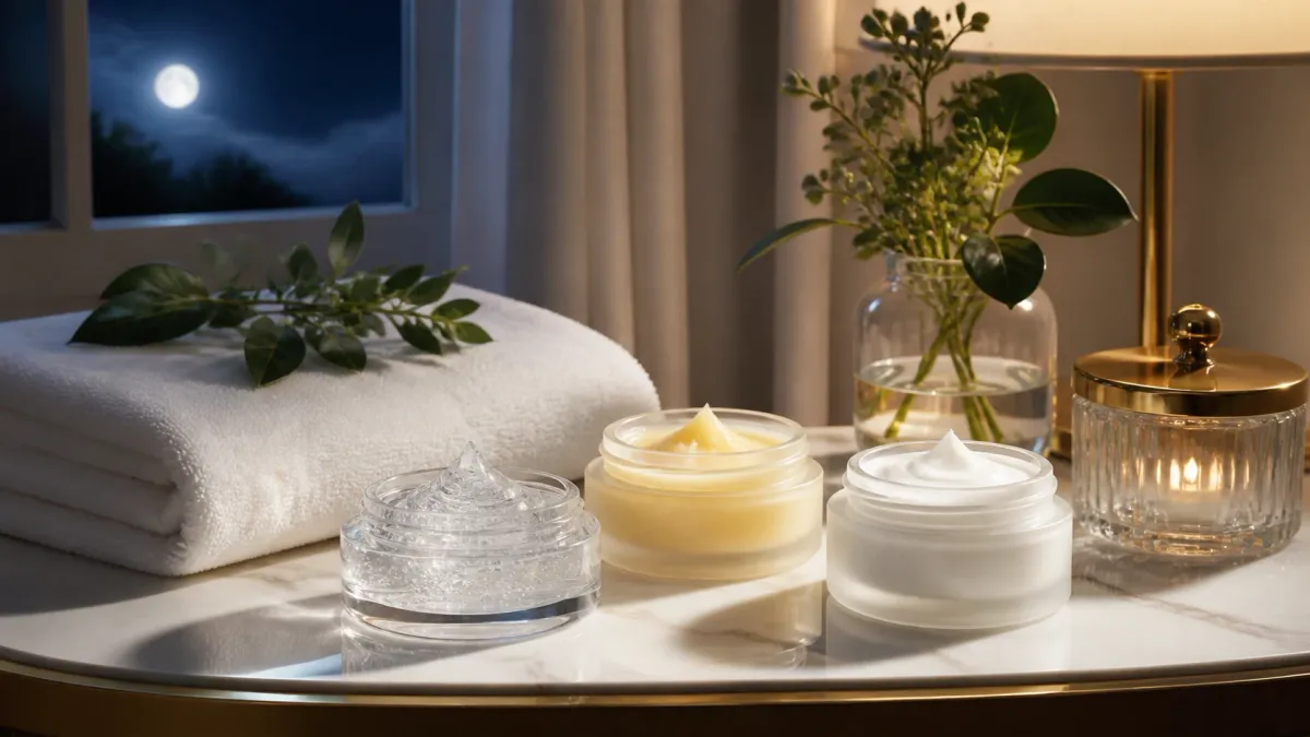 Three unbranded overnight mask textures on a moonlit nightstand