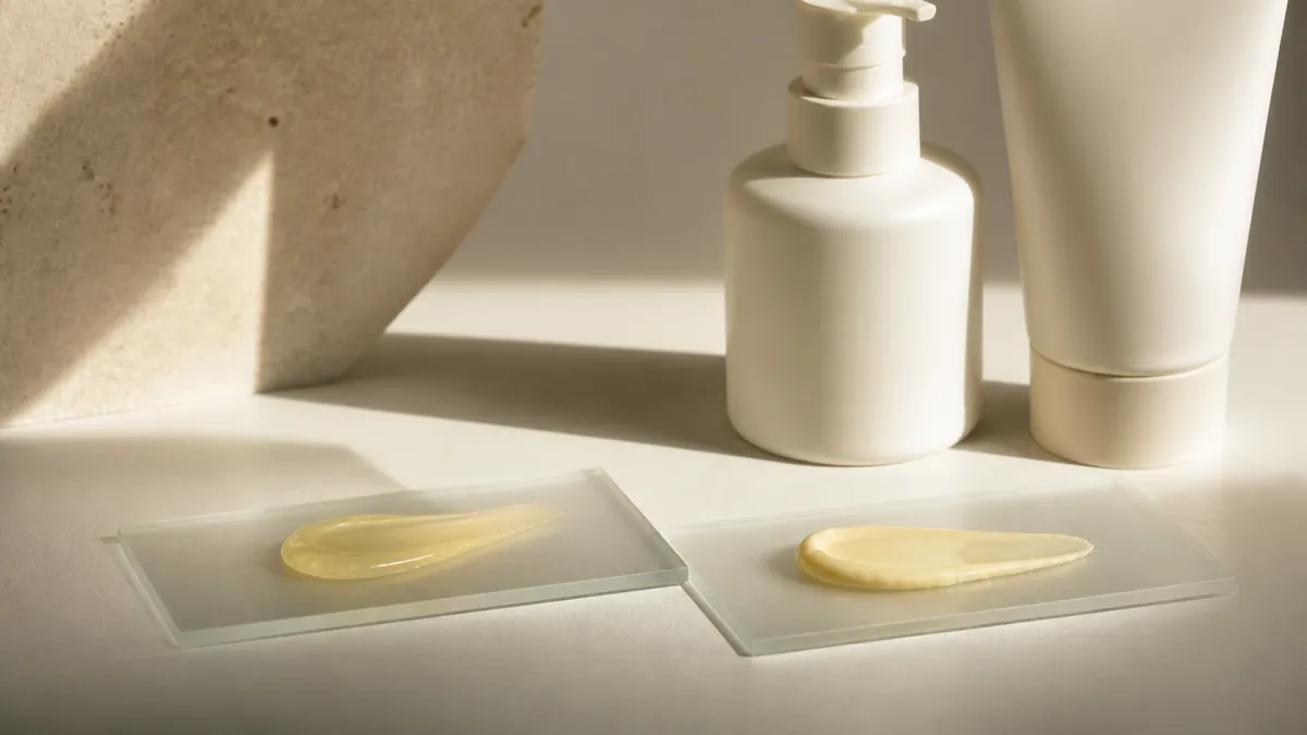 Two generic yellow skincare textures beside unbranded opaque containers