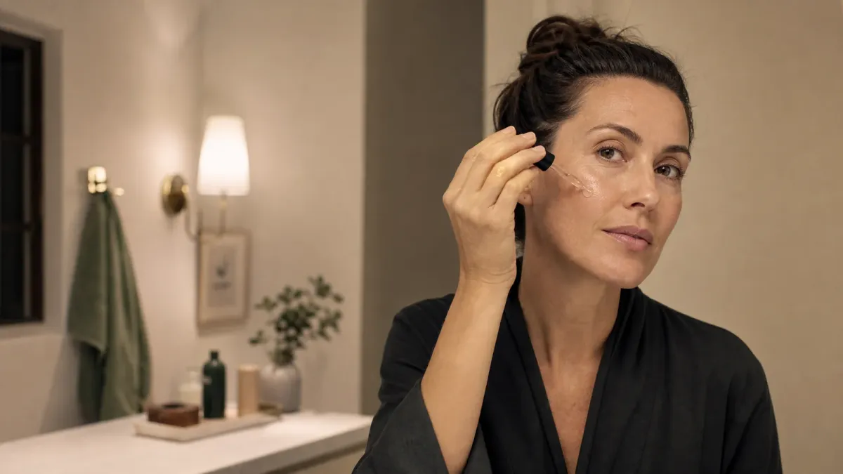 Woman applying an unbranded retinol serum during a nighttime routine