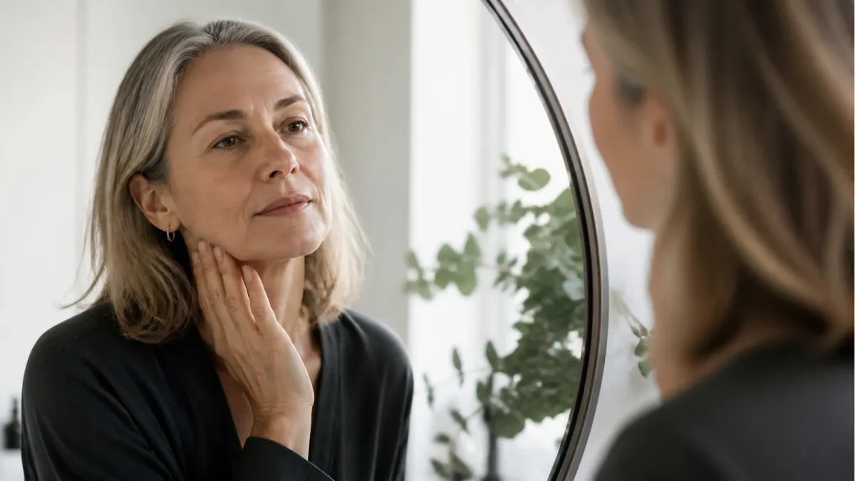 Mature woman examining her jawline in a mirror with realistic natural skin texture