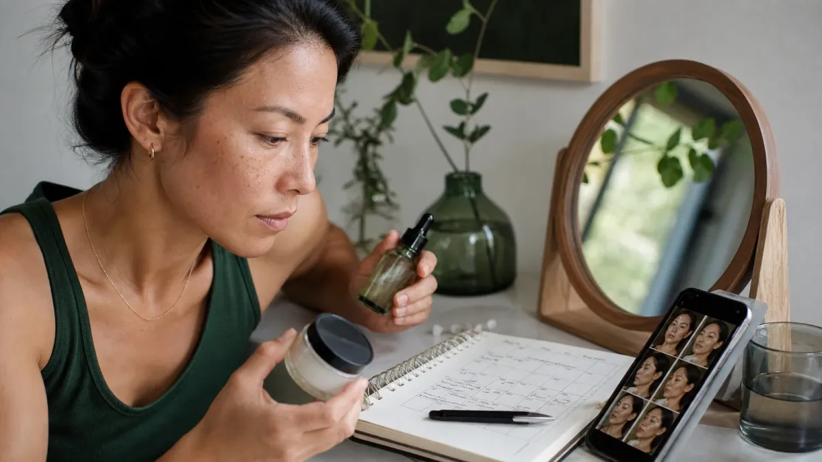 Woman comparing skincare progress photos and tracking a consistent routine