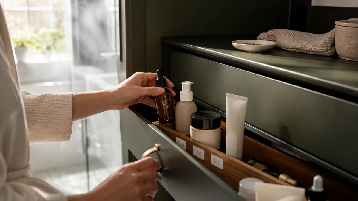 Skincare products being organized in a cool dark drawer away from sunlight and steam