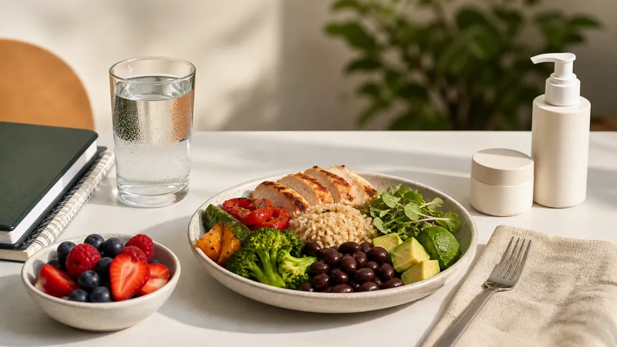 Balanced teenage meal and simple acne skincare routine reviewed together without restrictive dieting