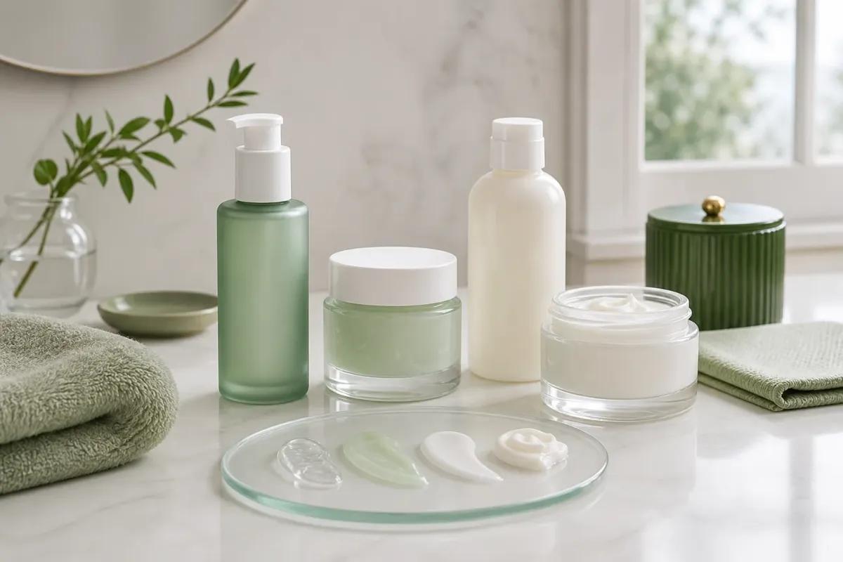 Unbranded teen-friendly gel, lotion and cream moisturizers on a bright bathroom vanity