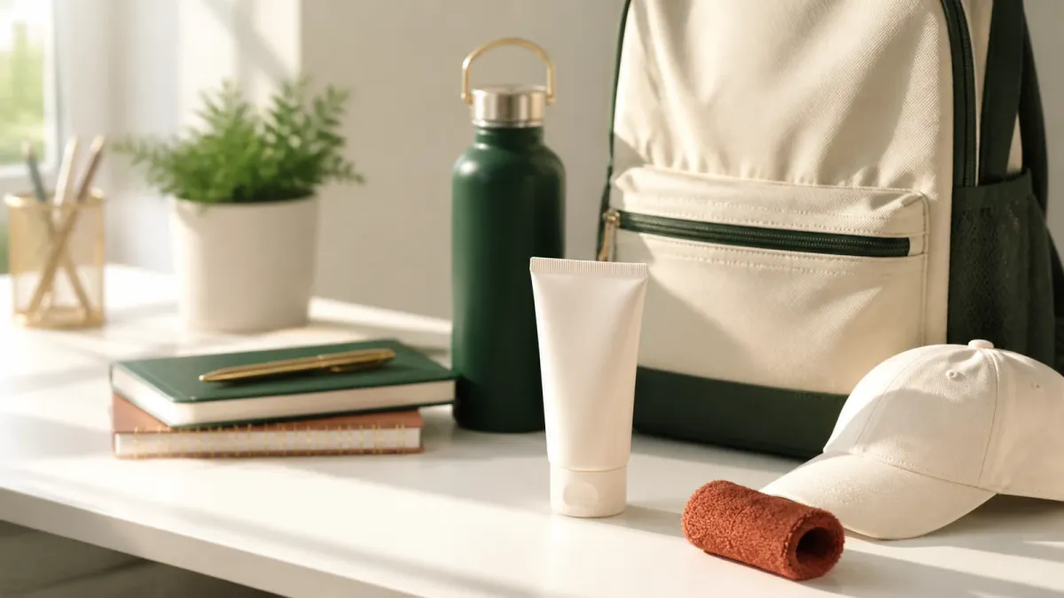 Teen-friendly sunscreen, school bag and sports essentials arranged for a simple daily habit