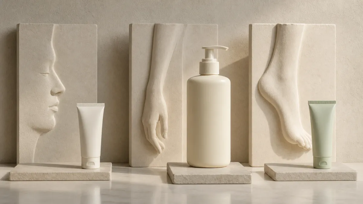 Unbranded skincare containers beside sculptural face, arm and foot motifs