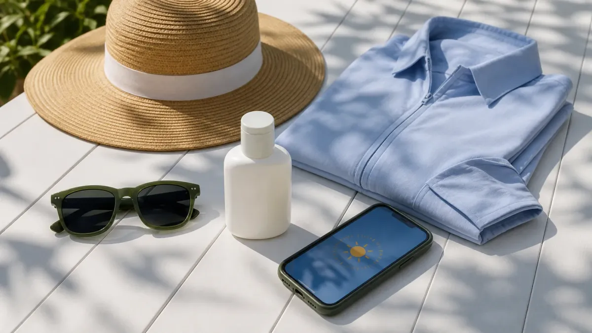 Sun hat, long-sleeve shirt, sunglasses, sunscreen and phone showing the UV Index