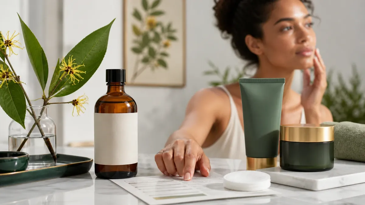 Witch hazel toner assessed beside a simple cleanser, moisturizer and ingredient list