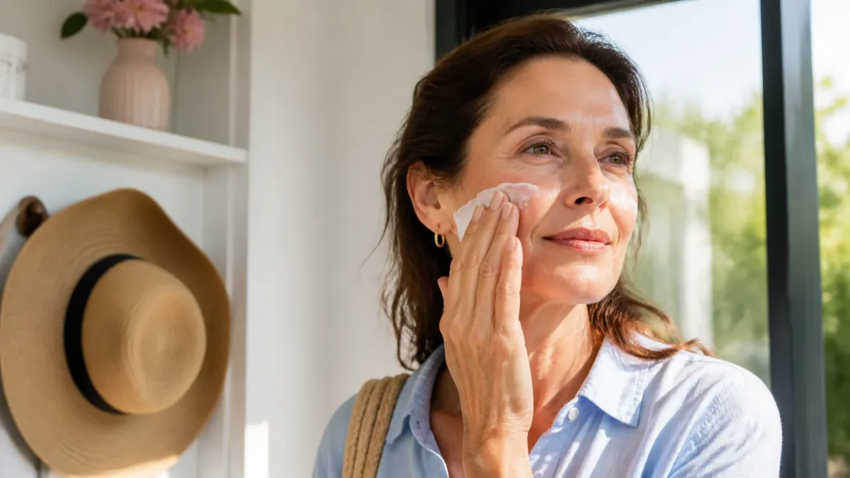 Mature woman applying facial sunscreen beside a broad-brimmed hat before going outside