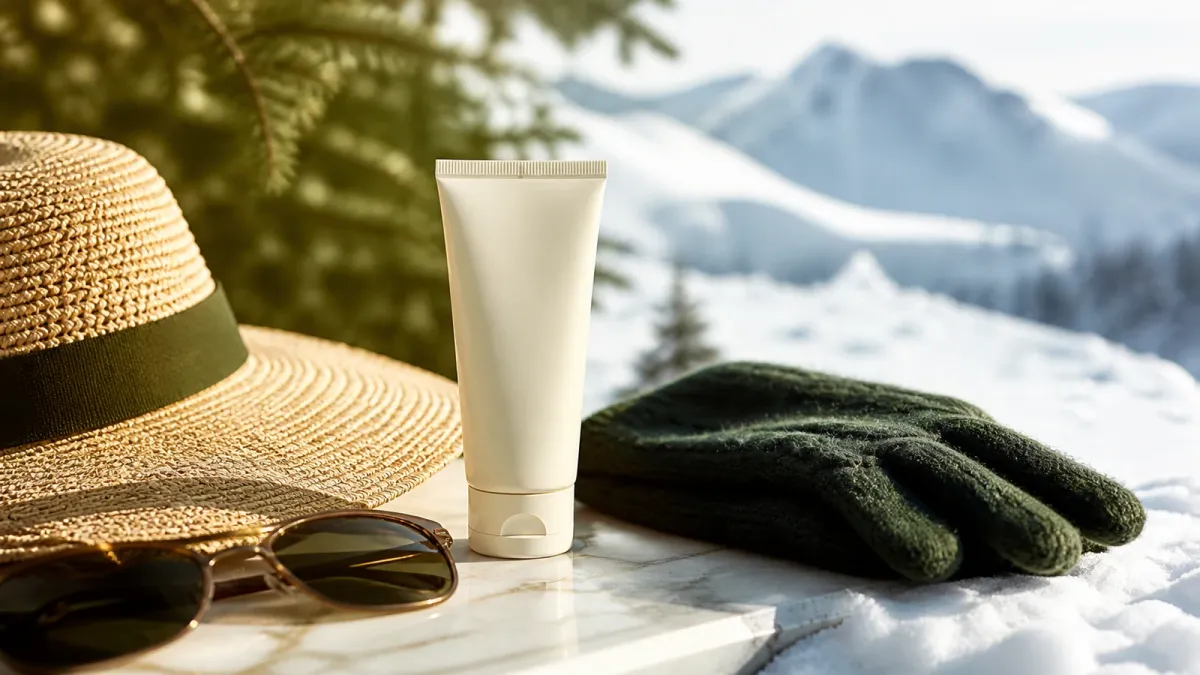 Year-round sun protection essentials arranged across winter snow and summer daylight