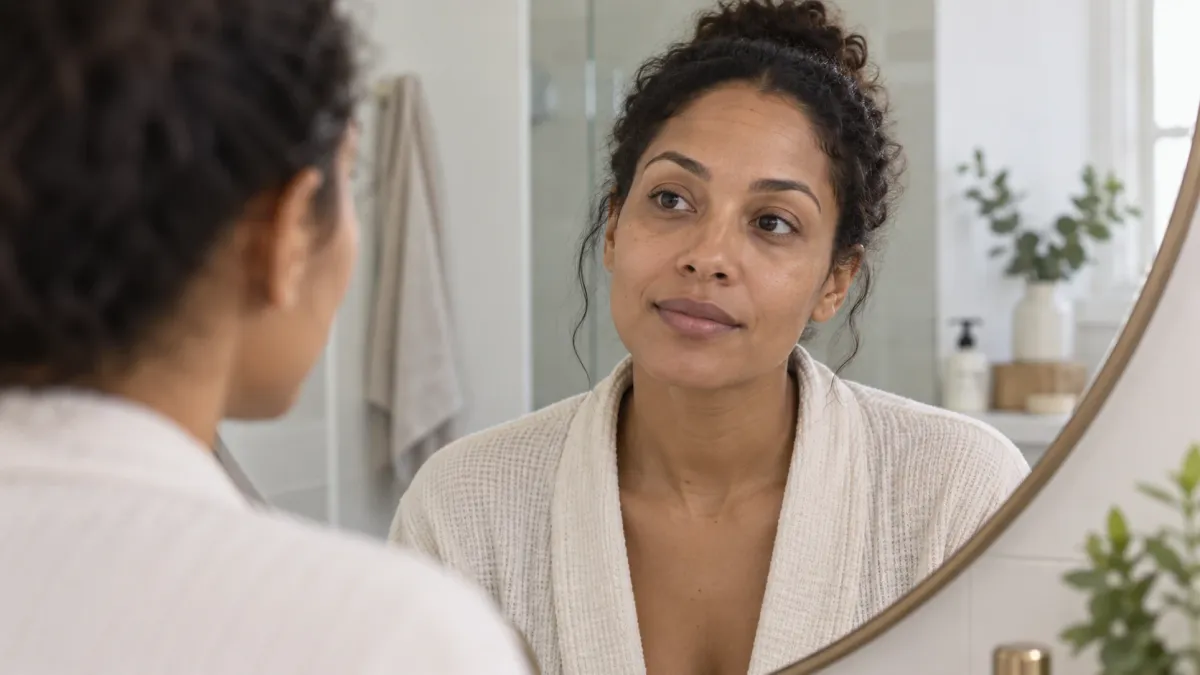 AI-generated editorial image of an adult looking in a mirror with natural under-eye shadows