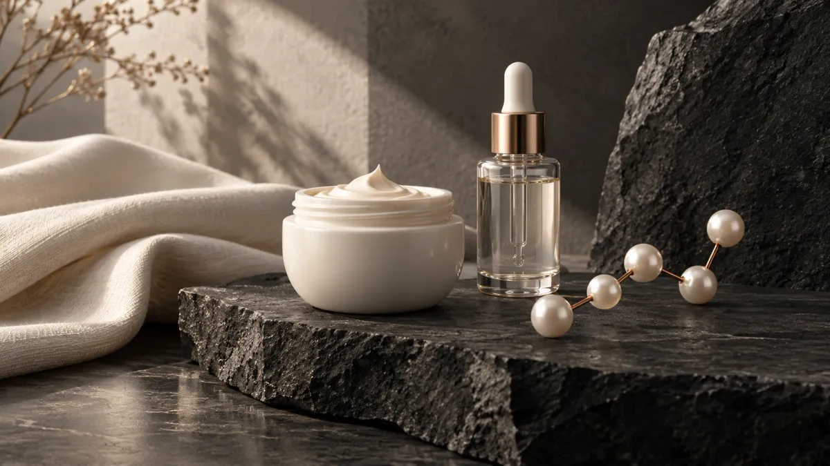 Unbranded skincare vessels beside an abstract five-node peptide sculpture.