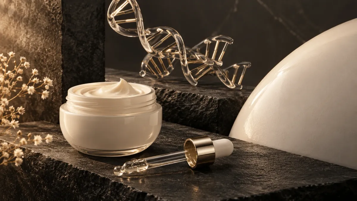 Unbranded cosmetic cream beside abstract transparent DNA fragments and an intact ceramic surface.