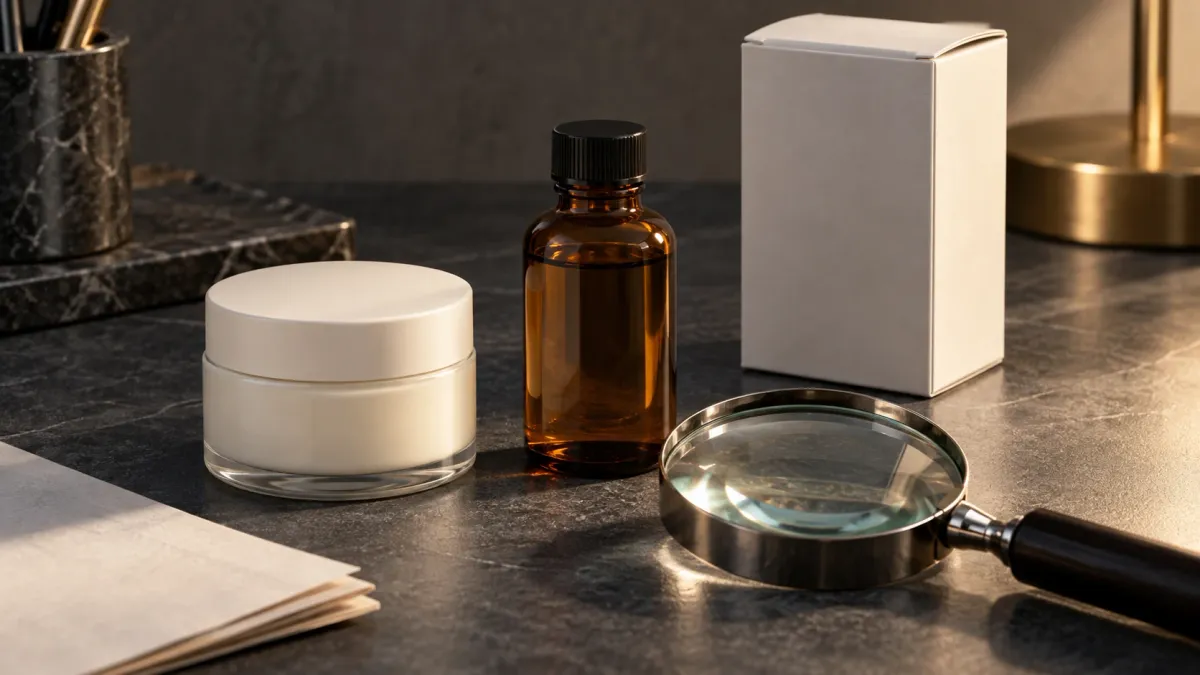 Unbranded skincare packaging and a magnifying glass on a charcoal desk.