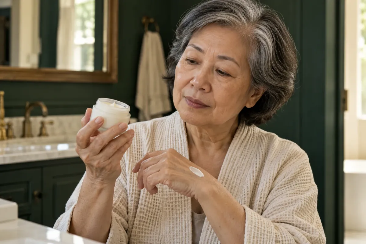 Older woman with natural skin texture inspecting an unbranded moisturizer and a cream swatch on her hand.