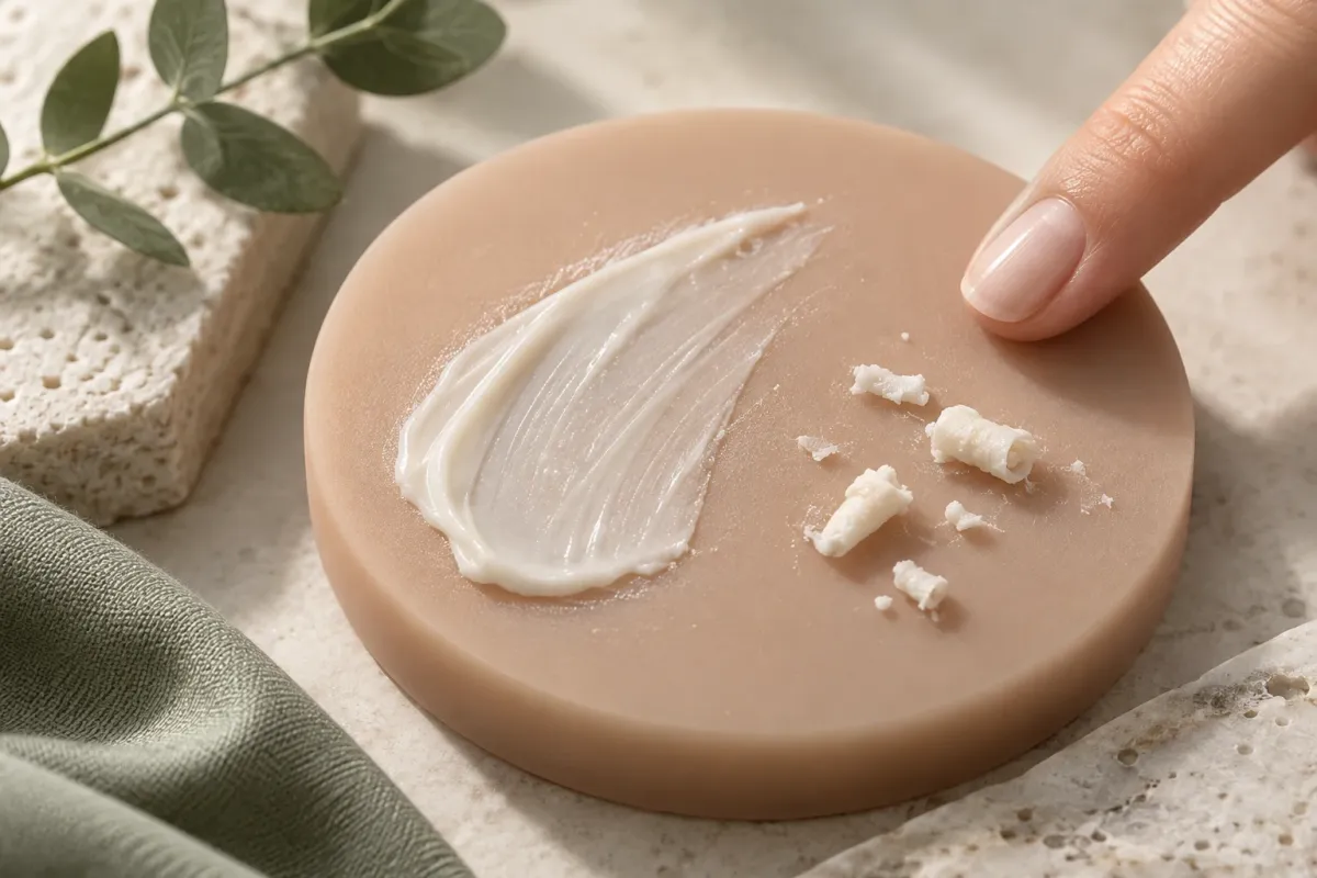Illustrated moisturizer smear and small rolled product crumbs on a demonstration surface.
