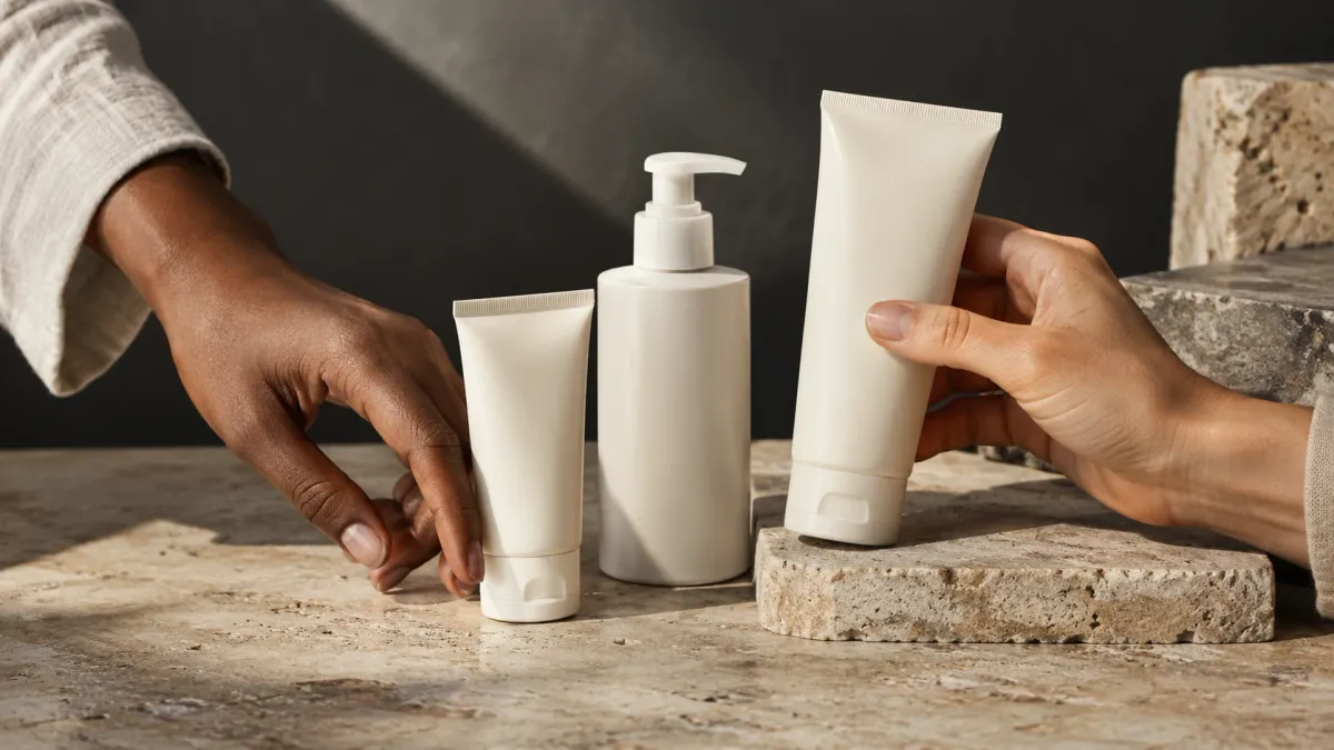 Two adult hands with different skin tones arranging generic, unbranded skincare containers