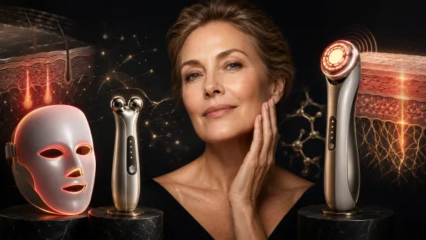 Woman demonstrating skincare tech
