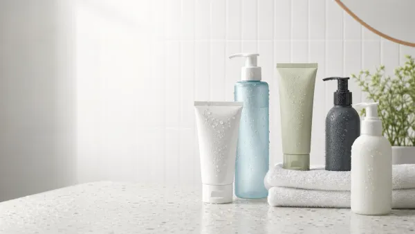 Five unbranded benzoyl peroxide cleanser bottles and tubes on a light bathroom counter