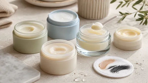 Five unbranded cleansing balm jars with a spatula and makeup-stained reusable pad