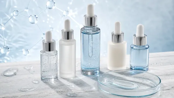 Five unbranded hyaluronic acid serum bottles with water-gel droplets and a molecular motif