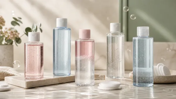 Five unbranded micellar water bottles with cotton pads and water bubbles