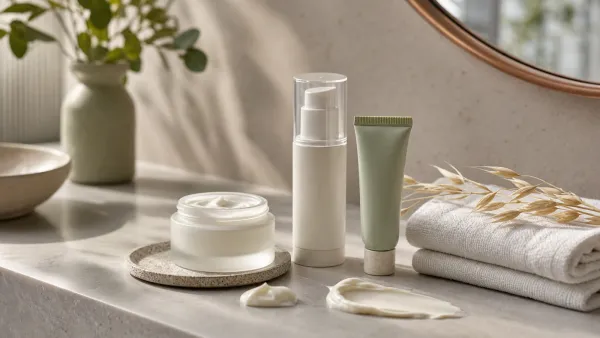 Fragrance-free moisturizer textures and unbranded skincare containers for sensitive skin