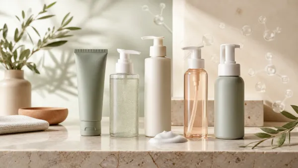 Five unbranded salicylic acid cleanser bottles with foam and a subtle molecular motif