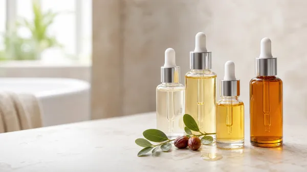 Four facial oil dropper bottles with jojoba leaves arranged in soft natural light