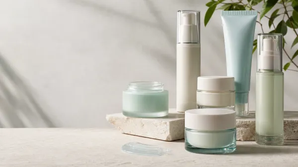 Five lightweight moisturizer jars, pumps, and tubes for combination skin