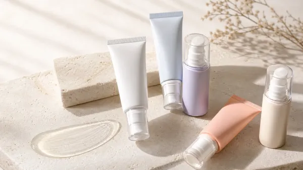 Five pastel Korean-style sunscreen tubes and pumps on sunlit stone