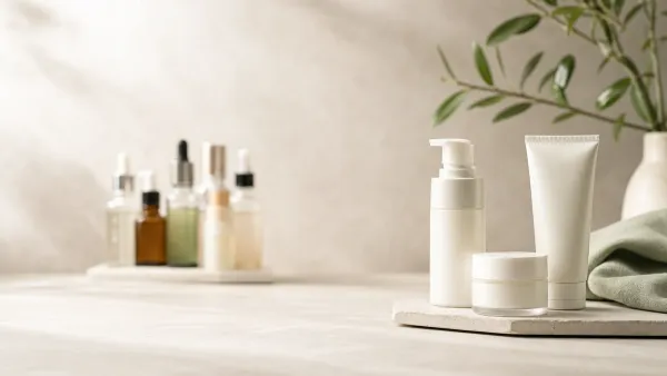 Simple three-product skincare routine with extra serums moved into the background