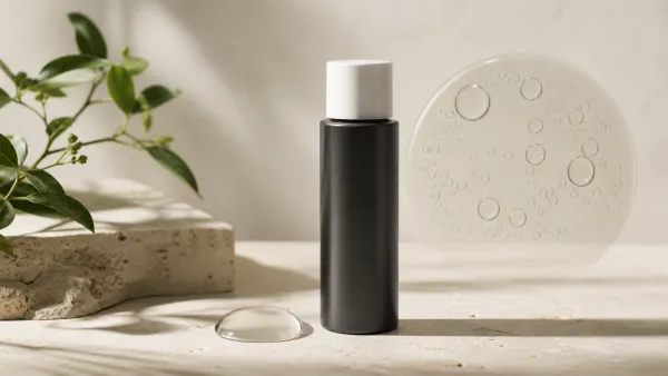 Unbranded charcoal exfoliant bottle with a clear liquid droplet and translucent pore motif on an ivory vanity