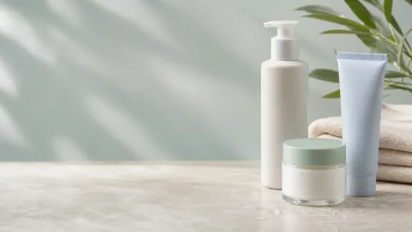 Minimal skin barrier recovery routine with gentle cleanser, moisturizer and sunscreen on pale stone