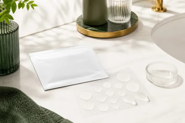 Clear unbranded hydrocolloid acne patches in several sizes on a bright bathroom vanity
