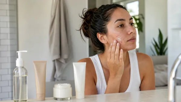 Woman with mild acne applying moisturizer beside a simple acne-prone skincare routine