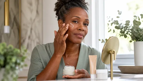 Woman with melanin-rich skin applying a gentle night treatment