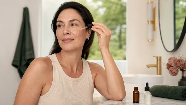 Woman with natural mature skin applying an unbranded facial serum