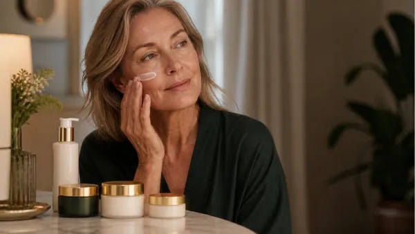 Mature woman applying night cream beside three unbranded skincare jars