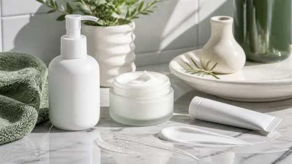 Unbranded moisturizer pump, cream jar and balm tube with gel and cream textures on a bright bathroom vanity