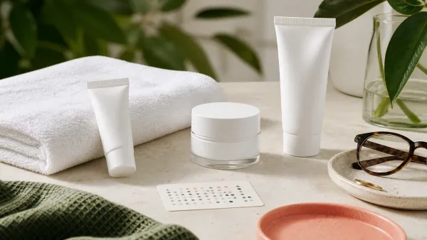 Benzoyl peroxide acne treatment prepared beside moisturizer, sunscreen and white towel