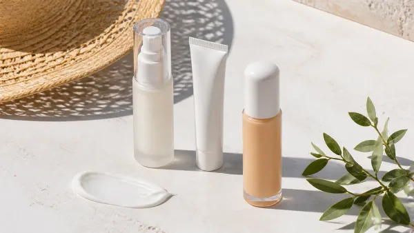 Unbranded facial sunscreens, tinted SPF and cream texture in bright natural light