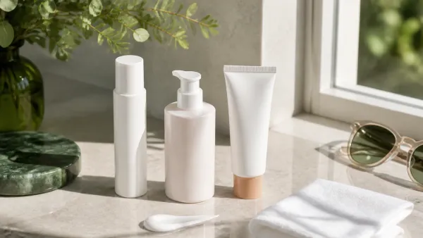 Unbranded daily facial sunscreen bottles and tube in bright morning light